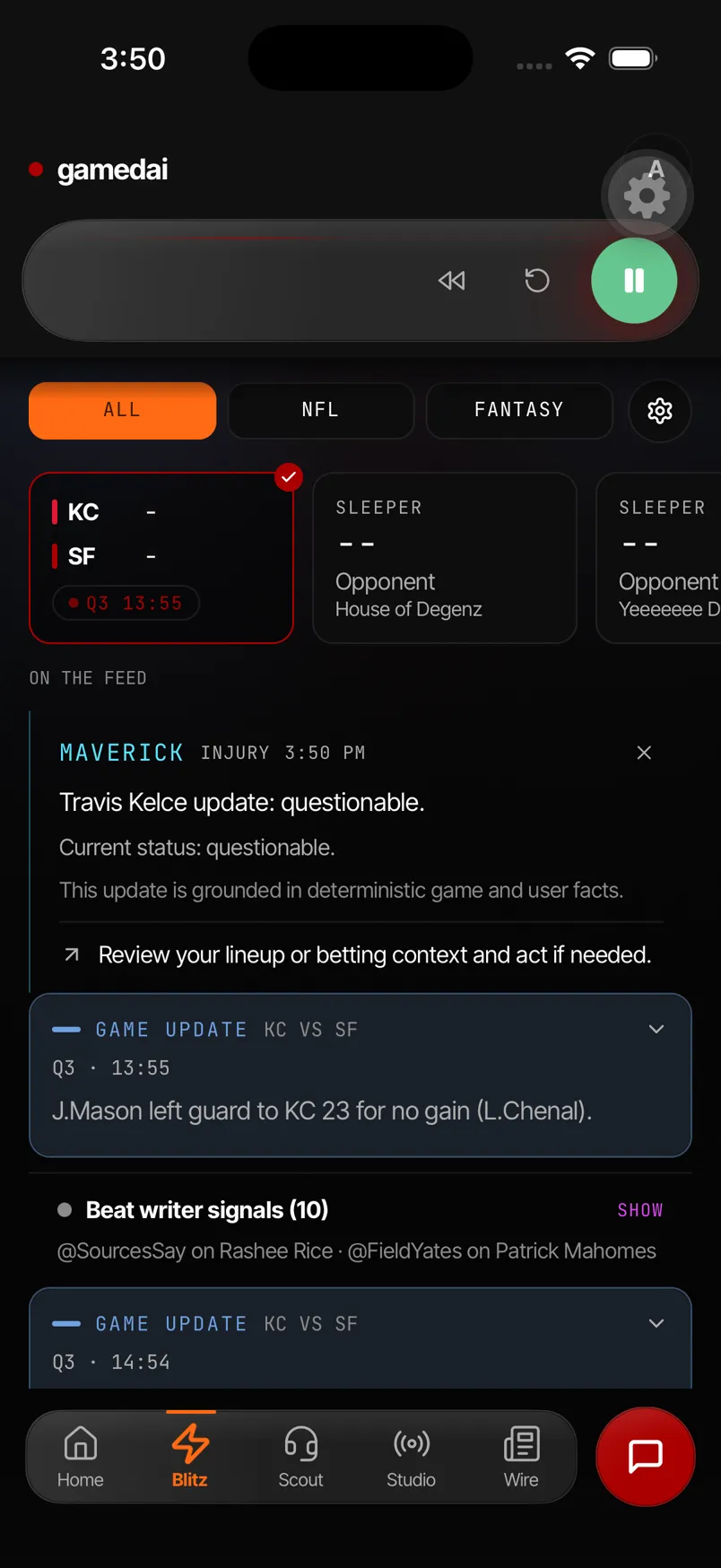 Blitz feed showing a Travis Kelce injury alert, Chiefs versus 49ers play-by-play, and beat writer signals.