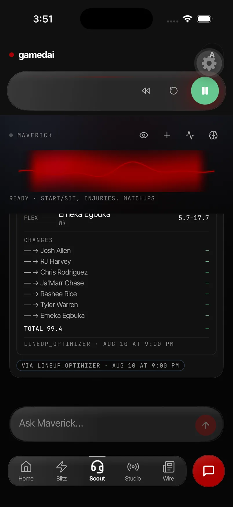 Scout answer showing an optimized lineup, total projection of 99.4, and VIA LINEUP_OPTIMIZER citation.