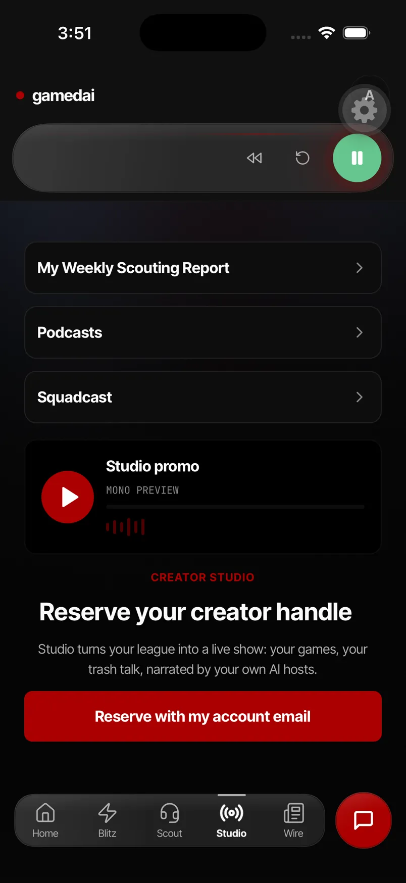 Studio screen showing My Weekly Scouting Report, Podcasts, Squadcast, a promo player, and creator handle reservation.