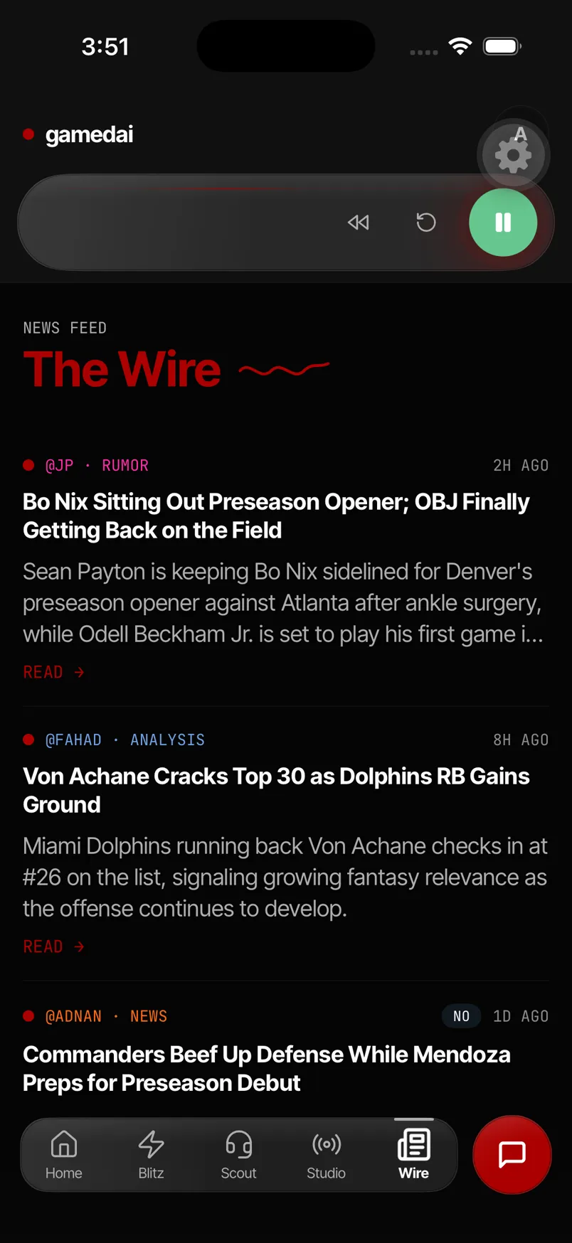 The Wire news feed showing dated NFL items with author bylines, categories, and relative timestamps.